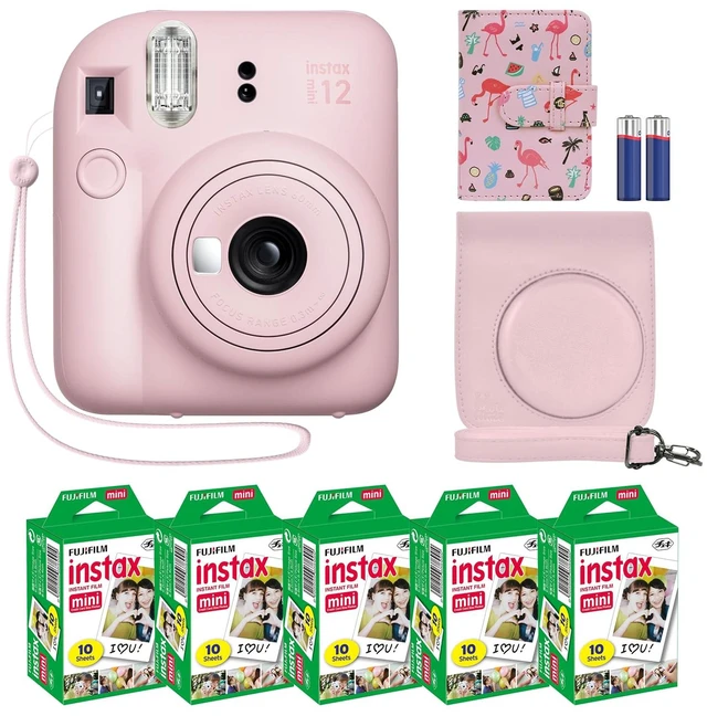 Main image of Instax Mini 12 Instant Camera + MiniMate Accessory Bundle & Compatible Custom Case + Fuji Instax Film Value Pack (50 Sheets) Flamingo Designer Photo Album (Blossom Pink)