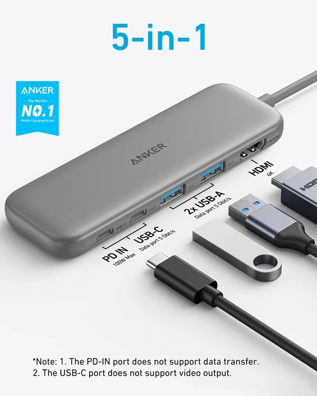 Alt view image 2 of 7 - USB C Hub, 5-in-1 USBC to HDMI Splitter with 4K Display 85W Max PD, 1 Powered USB-C 5Gbps & 2 Powered USB-A 3.0 5Gbps Data Ports, for MacBook Pro, MacBook Air, Dell and More (Grey)