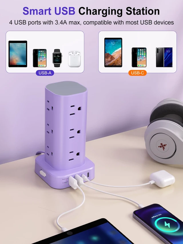 Alt view image 4 of 7 - 6FT Power Strip Tower Surge Protector, 12 Wide Spaced Outlets, 4 USB 16-in-1 Desktop Charging Station with 2USB-C,2USB-A, Flat Plug, 6FT Cord, 1800J Surge Protection for Home Office, Dorm Purple