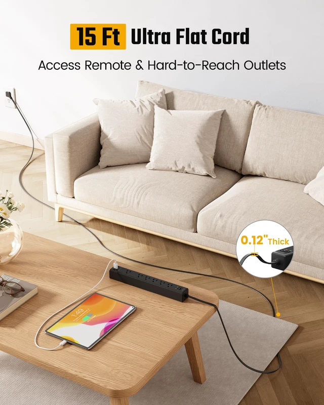 Alt view image 2 of 7 - 15Ft Long Extension Cord, Flat Plug Surge Protector Power Strip 6 Outlets & 3 USB, Flat Plug Power Strip Wall Mountable, Desk Charging Station for Home, Office, College Dorm Room Essentials
