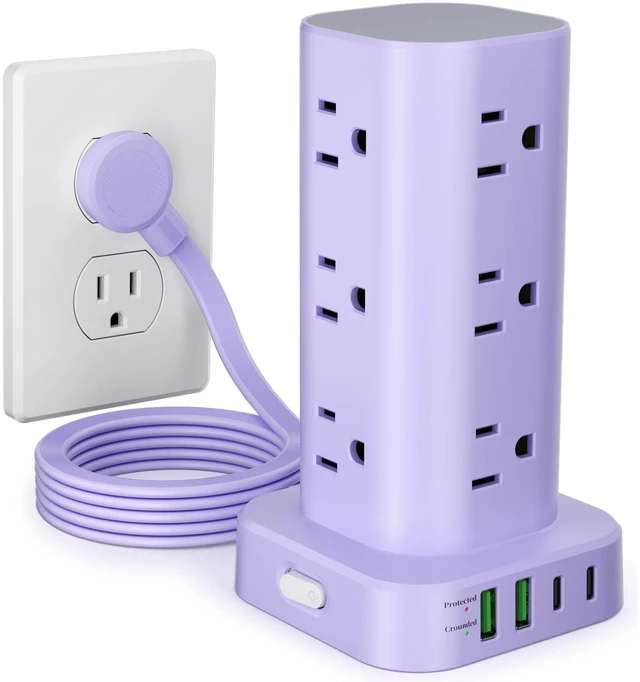 Main image of 6FT Power Strip Tower Surge Protector, 12 Wide Spaced Outlets, 4 USB 16-in-1 Desktop Charging Station with 2USB-C,2USB-A, Flat Plug, 6FT Cord, 1800J Surge Protection for Home Office, Dorm Purple