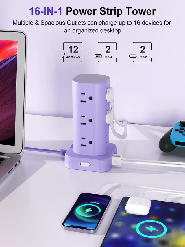 Alt view image 2 of 7 - 6FT Power Strip Tower Surge Protector, 12 Wide Spaced Outlets, 4 USB 16-in-1 Desktop Charging Station with 2USB-C,2USB-A, Flat Plug, 6FT Cord, 1800J Surge Protection for Home Office, Dorm Purple