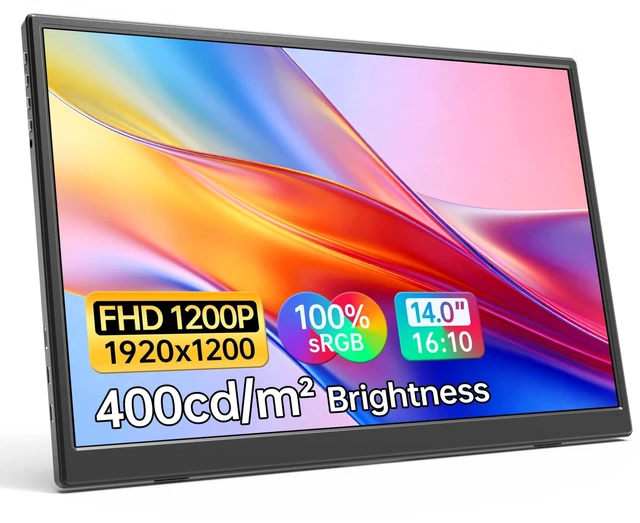 Main image of 14 inch Portable Monitor 1200P FHD+ 100% sRGB Travel Display HDMI/USB-C Compatible with Laptops, Desktops, Phones, PS, Mac, Xbox, Switch, and Other Gaming Devices Includes Stand and Speakers VESA