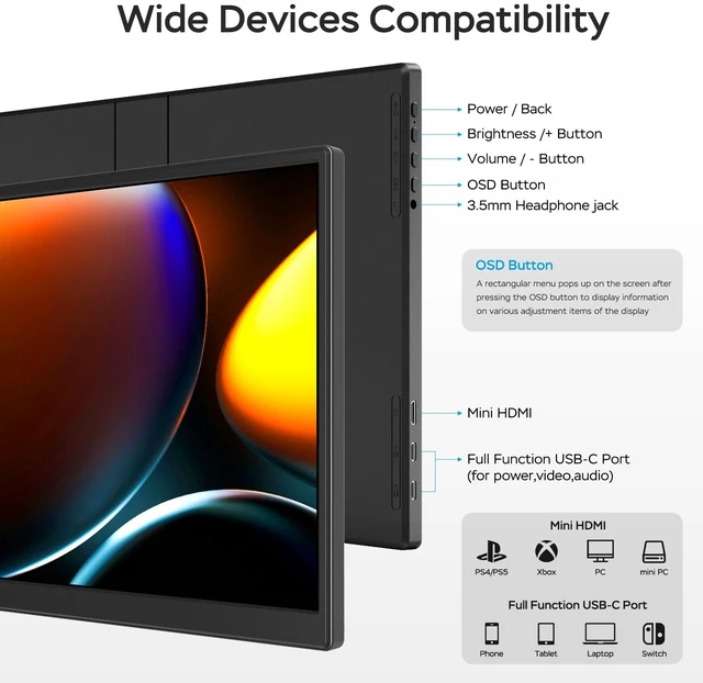 Alt view image 6 of 7 - 14 inch Portable Monitor 1200P FHD+ 100% sRGB Travel Display HDMI/USB-C Compatible with Laptops, Desktops, Phones, PS, Mac, Xbox, Switch, and Other Gaming Devices Includes Stand and Speakers VESA
