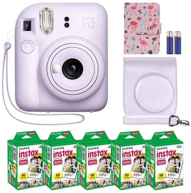 Main image of Instax Mini 12 Instant Camera + MiniMate Accessory Bundle & Compatible Custom Case + Fuji Instax Film Value Pack (50 Sheets) Flamingo Designer Photo Album (Lilac Purple)