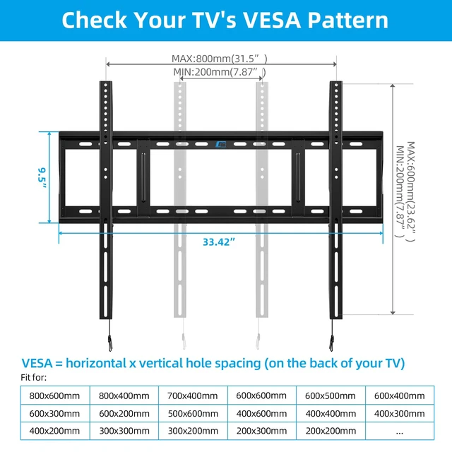 Alt view image 3 of 7 - Heavy Duty Fixed TV Wall Mount for 48-120 Inch Flat Screen Max VESA 800x600mm, Holds up to 264 lbs, Fits 8-28" Wood Stud, Low-Profile Flush TV Bracket for Extra Large Smart TVs, HV8801