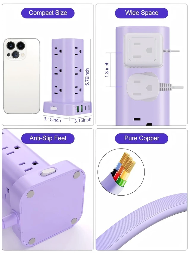 Alt view image 6 of 7 - 6FT Power Strip Tower Surge Protector, 12 Wide Spaced Outlets, 4 USB 16-in-1 Desktop Charging Station with 2USB-C,2USB-A, Flat Plug, 6FT Cord, 1800J Surge Protection for Home Office, Dorm Purple