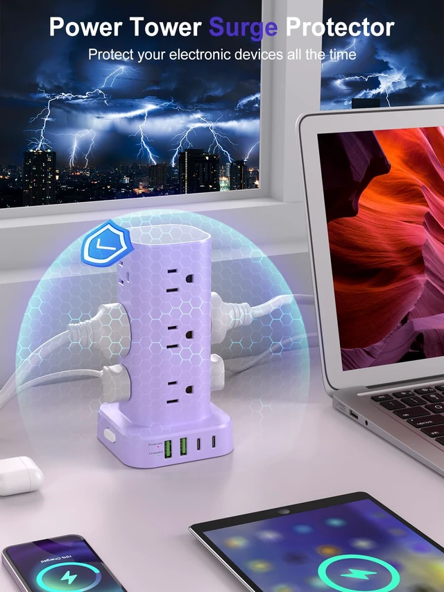 Alt view image 5 of 7 - 6FT Power Strip Tower Surge Protector, 12 Wide Spaced Outlets, 4 USB 16-in-1 Desktop Charging Station with 2USB-C,2USB-A, Flat Plug, 6FT Cord, 1800J Surge Protection for Home Office, Dorm Purple