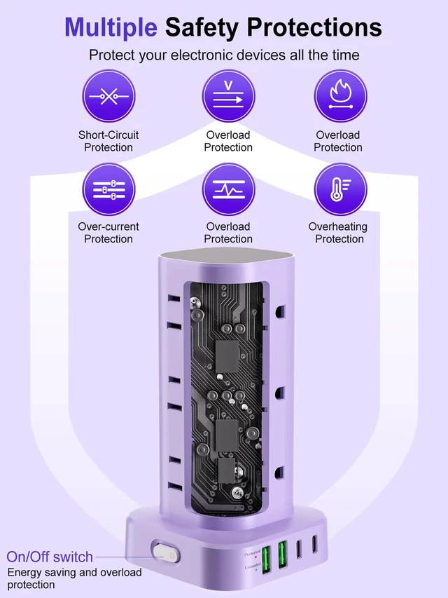 Alt view image 7 of 7 - 6FT Power Strip Tower Surge Protector, 12 Wide Spaced Outlets, 4 USB 16-in-1 Desktop Charging Station with 2USB-C,2USB-A, Flat Plug, 6FT Cord, 1800J Surge Protection for Home Office, Dorm Purple