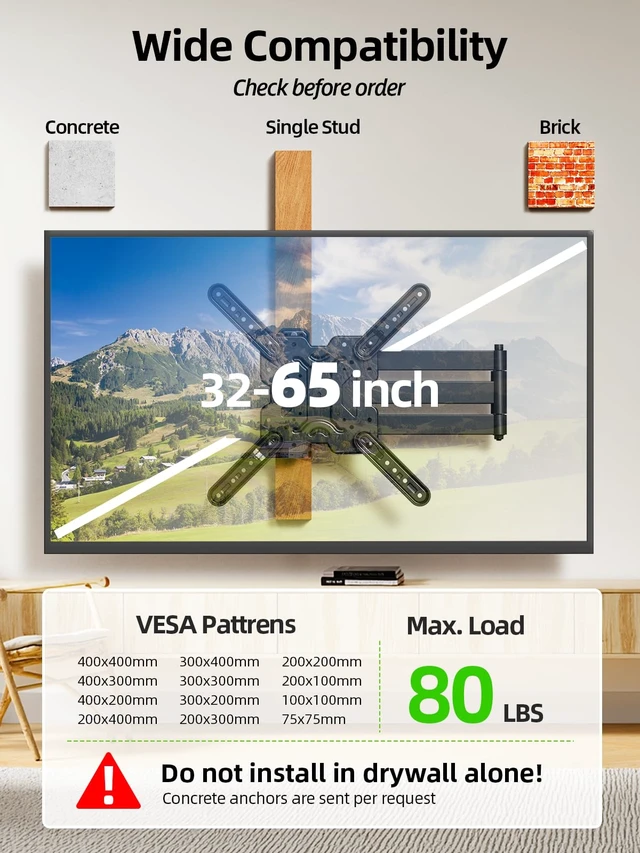Alt view image 5 of 7 - Long Arm TV Wall Mount for Most 32-65 Inch TVs, 29 Inch Long Extension TV Mount Swivel and Tilt, Full Motion Corner Wall Mount Tv Bracket Fit Max VESA 400 x 400mm, Up to 80 lbs