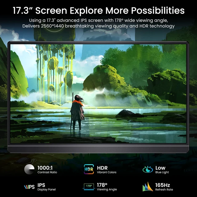 Alt view image 2 of 7 - 17.3" QHD 165Hz USB-C HDMI Gaming Monitor 17.3" QHD 165Hz IPS, slim metal+stand, USB-C/HDMI, for PC/PS5/Xbox/Switch, gaming