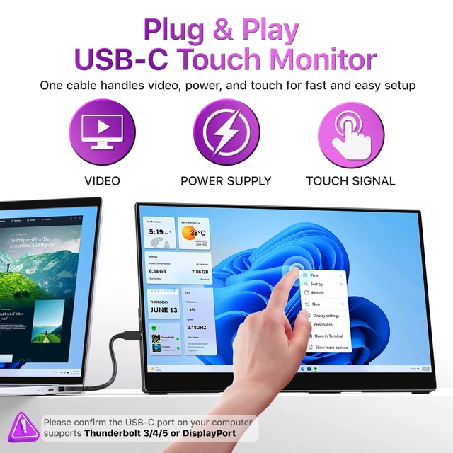 Alt view image 4 of 7 - Portable Monitor Touchscreen 15.6 Inch 1080P FHD 90% sRGB Travel Monitor with Speaker HDMI USB-C Second Screen for Laptop MacBook Surface PC Xbox PS4/5, VESA Mountable, with Touchscreen