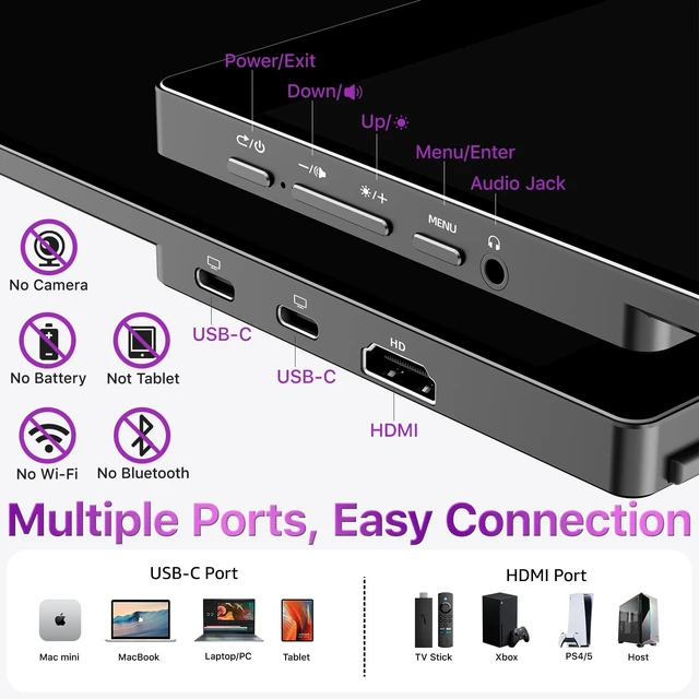Alt view image 7 of 7 - Portable Monitor Touchscreen 15.6 Inch 1080P FHD 90% sRGB Travel Monitor with Speaker HDMI USB-C Second Screen for Laptop MacBook Surface PC Xbox PS4/5, VESA Mountable, with Touchscreen