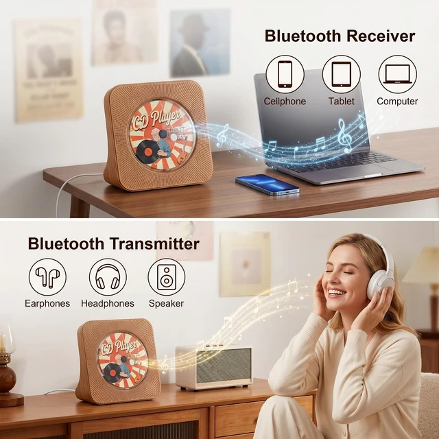 Alt view image 2 of 7 - CD Player Portable Bluetooth Desktop CD Players for Home Portable CD Player with Bluetooth with Timer Built-in HiFi Speakers with LCD Screen Display Boombox FM Radio USB Type-C