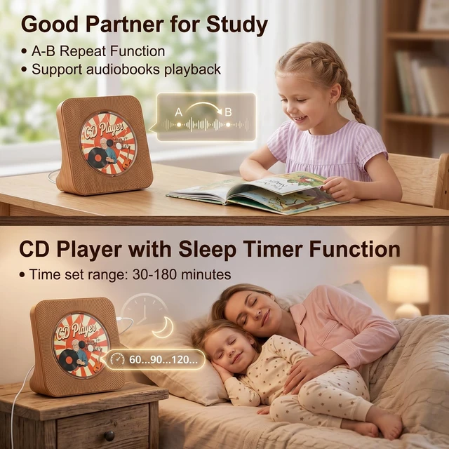 Alt view image 5 of 7 - CD Player Portable Bluetooth Desktop CD Players for Home Portable CD Player with Bluetooth with Timer Built-in HiFi Speakers with LCD Screen Display Boombox FM Radio USB Type-C
