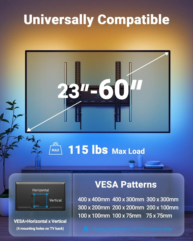 Alt view image 2 of 7 - Tilt TV Wall Mount with LED Light, TV Mount for 2660 Inch TVs up to 115 lbs, Low Profile Backlit TV Bracket with Music Sync, Fits 8/16 Wood Studs, Max VESA 400x400mm, PSTVM74B