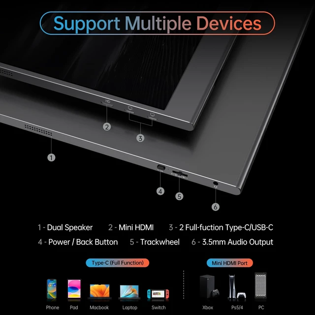 Alt view image 5 of 6 - Portable Monitor 15.6 Inch 4K 60Hz 100% sRGB Ultra-Slim Travel Monitor with Dual Speakers USB-C HDMI Second Screen for Laptop PC Mac Phone Xbox PS4/5 Switch, VESA Kickstand with Cover Stand