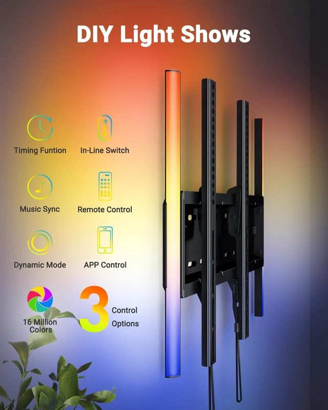 Alt view image 4 of 7 - Tilt TV Wall Mount with LED Light, TV Mount for 2660 Inch TVs up to 115 lbs, Low Profile Backlit TV Bracket with Music Sync, Fits 8/16 Wood Studs, Max VESA 400x400mm, PSTVM74B