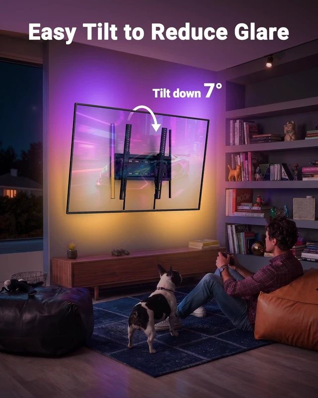 Alt view image 6 of 7 - Tilt TV Wall Mount with LED Light, TV Mount for 2660 Inch TVs up to 115 lbs, Low Profile Backlit TV Bracket with Music Sync, Fits 8/16 Wood Studs, Max VESA 400x400mm, PSTVM74B