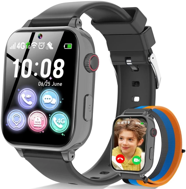 Main image of 4G Kids Smart Watch Phone GPS, Smartwatch for Boys Girls Ages 4-12 Years with Video Call Chat Class Mode SOS Camera Alarm Games Parental App Watch Gifts for Children (Includes SIM Card),Jet Black