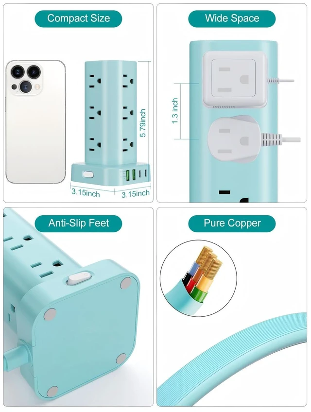 Alt view image 6 of 7 - 6FT Power Strip Tower Surge Protector, 12 Wide Spaced Outlets, 4 USB 16-in-1 Desktop Charging Station with 2USB-C,2USB-A, Flat Plug, 6FT Cord, 1800J Surge Protection for Home Office, Dorm Blue
