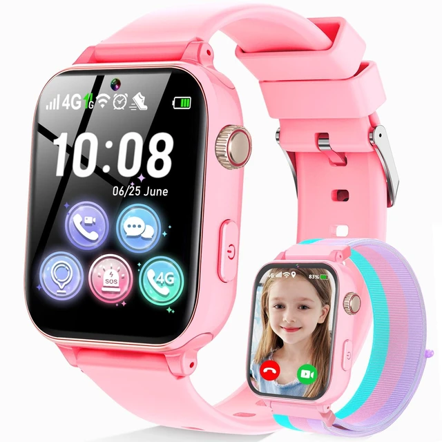 Main image of 4G Kids Smart Watch Phone GPS, Smartwatch for Boys Girls Ages 4-12 Years with Video Call Chat Class Mode SOS Camera Alarm Games Parental App Watch Gifts for Children (Includes SIM Card),Jet Pink