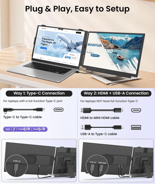 Alt view image 6 of 7 - 15.6" Laptop Screen Extender, 1080P FHD Detachable Monitor Extender One Cable Plug & Play, Portable Travel Monitor for 14"-17.3" Laptop, 4 Modes, Compatible with Wins/Mac/Chrome/Android