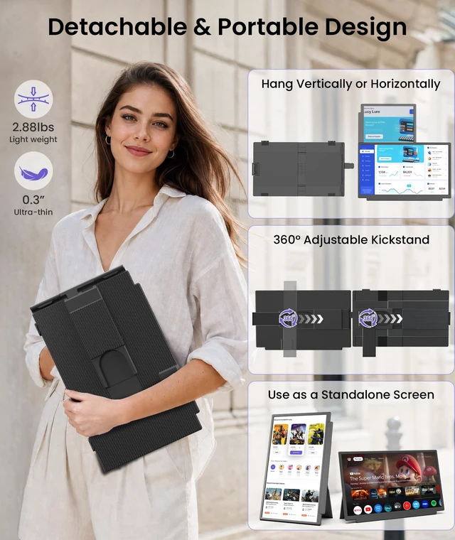 Alt view image 5 of 7 - 15.6" Laptop Screen Extender, 1080P FHD Detachable Monitor Extender One Cable Plug & Play, Portable Travel Monitor for 14"-17.3" Laptop, 4 Modes, Compatible with Wins/Mac/Chrome/Android