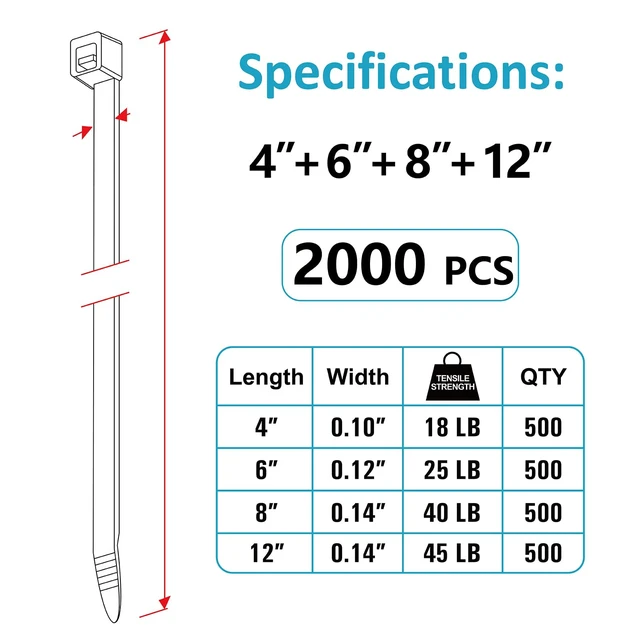 Alt view image 2 of 7 - Zip Ties Assorted Sizes(4+6+8+12), 2000 Pack, Black Cable Ties, UV Resistant Wire Ties by