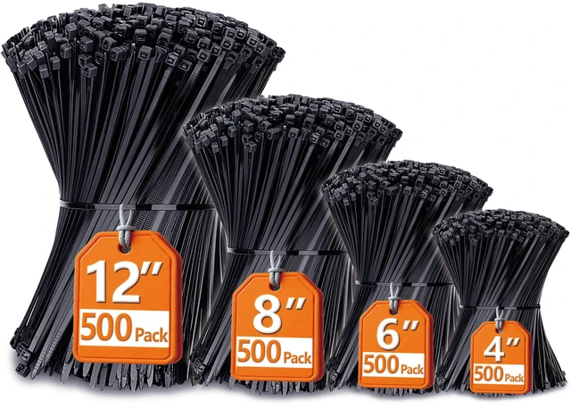 Main image of Zip Ties Assorted Sizes(4+6+8+12), 2000 Pack, Black Cable Ties, UV Resistant Wire Ties by