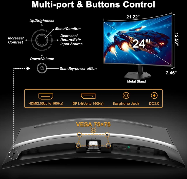Alt view image 4 of 7 - 24 Inch Curved Gaming Monitor up to 160Hz MPRT 1ms Computer Monitor FHD 1080P Freesync 110% sRGB HDR,HDMI2.0*1, DP 1.4*1 Ports VESA Mount(ES-G24C1 HDMI Cable Included)