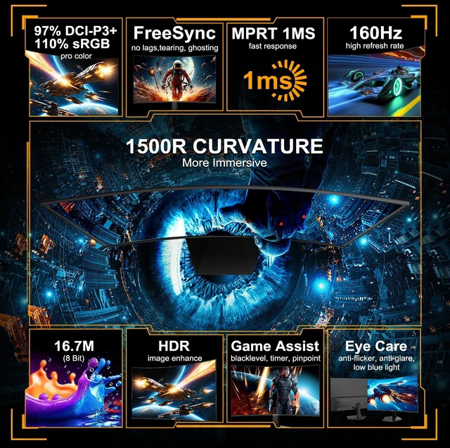 Alt view image 2 of 7 - 24 Inch Curved Gaming Monitor up to 160Hz MPRT 1ms Computer Monitor FHD 1080P Freesync 110% sRGB HDR,HDMI2.0*1, DP 1.4*1 Ports VESA Mount(ES-G24C1 HDMI Cable Included)