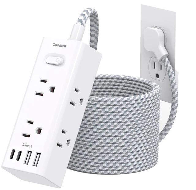 Main image of Flat Plug Extension Cord 25Ft, Surge Protector Power Strip 25 Ft Long Cord 6 Widely Outlets 4 USB Ports (2 USB C), 900J Wall Outlet Extender Charging Station for College Dorm Room Office