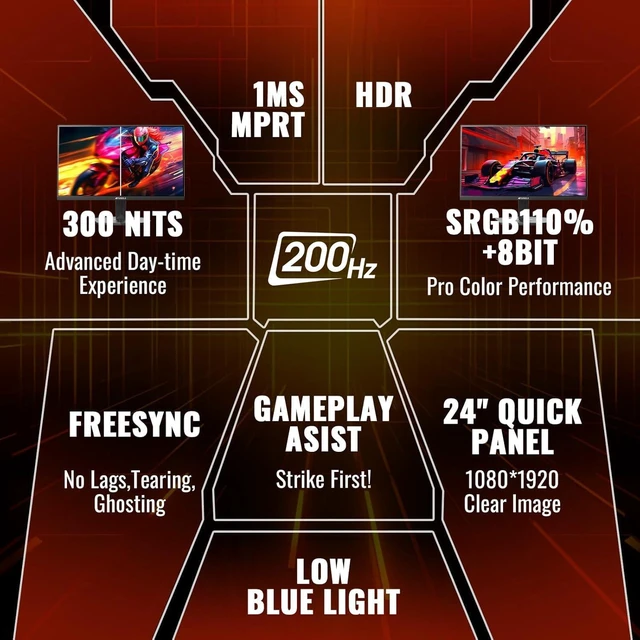 Alt view image 2 of 7 - 24 Inch Gaming Monitor 200Hz 1Ms FreeSync HDR 110% sRGB FHD 1080P Computer Monitor HDMI DP Ports Eye Care Frameless VESA Mount Cable Management (ES-G24F4L HDMI Cable Included)