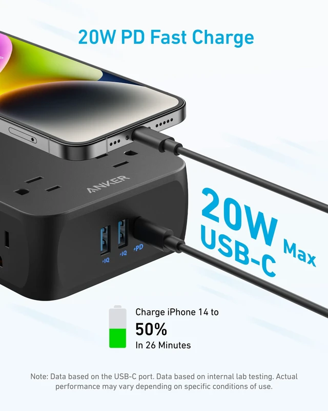 Alt view image 3 of 7 - Power Strip with 2000J Surge Protector, 5ft Outlet Extender, 20W, 8AC Flat Plug Extension Cord with Multiple Outlets, 1 USB C, 2 USB A, Dorm Room Essentials, Home Office, TUV Listed