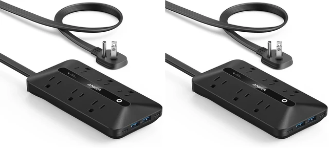 Main image of 300J Flat Plug 10-in-1 Ultra Thin Power Strip with 6 AC, 2 USB-A & 2 USB-C Ports, Extension Cord, Desk Charging Station for Home, Office, College, Dorm, 5 Feet, Black (Pack of 2)