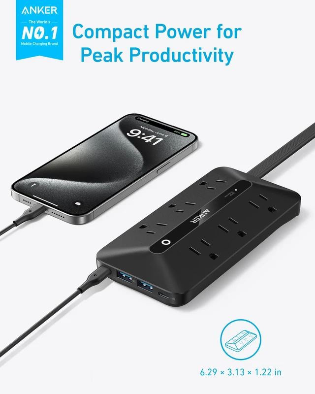 Alt view image 2 of 6 - 300J Flat Plug 10-in-1 Ultra Thin Power Strip with 6 AC, 2 USB-A & 2 USB-C Ports, Extension Cord, Desk Charging Station for Home, Office, College, Dorm, 5 Feet, Black (Pack of 2)