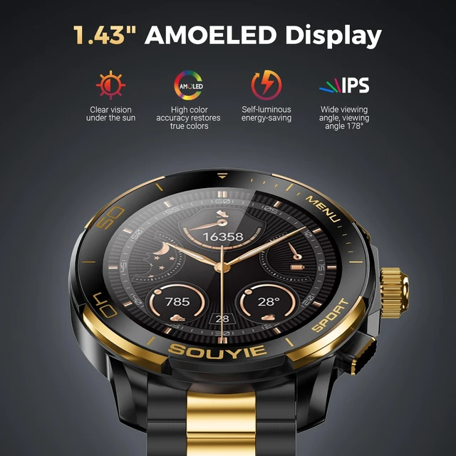 Alt view image 5 of 7 - SW-7 Lux Smart Watch for Men, 1.43" AMOLED, AI Voice, Bluetooth Call High-Gloss Ceramic Bezel & Two-Tone Steel, AI GPT Voice Assistant, Health Monitor, 100+ Sports Modes, Compatible iOS Android