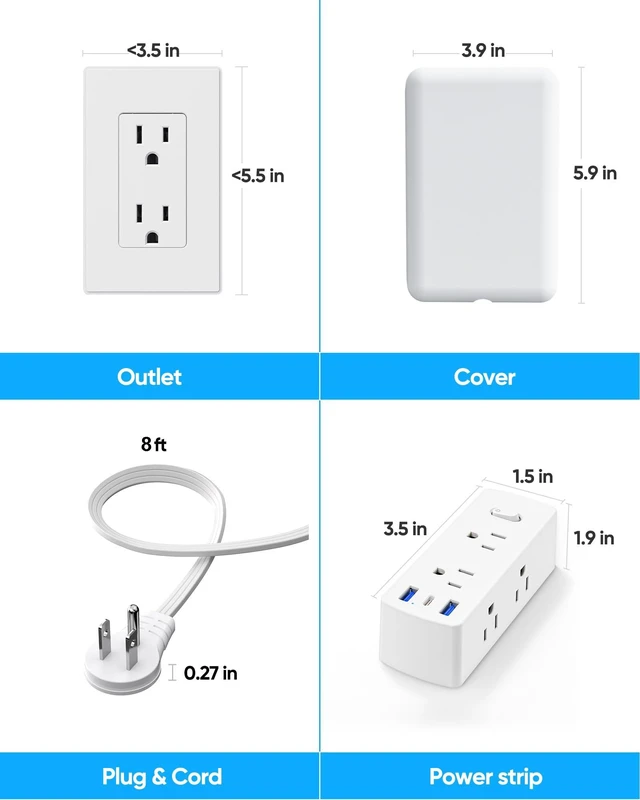 Alt view image 5 of 7 - Flat Extension Cord with Outlet Cover, Flat Plug Power Strip with 6 Outlets and 3 USB Ports, 8 FT Cord Hidden Outlet Extender for Tight Spaces
