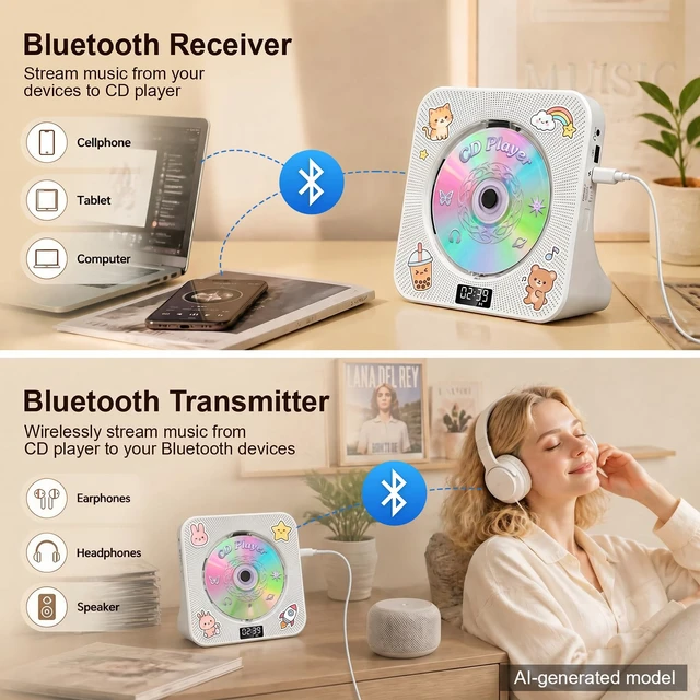 Alt view image 2 of 7 - CD Player Portable Bluetooth Desktop CD Players for Home Portable CD Player with Bluetooth with Timer Built-in HiFi Speakers with LCD Screen Display Boombox FM Radio USB Type-C