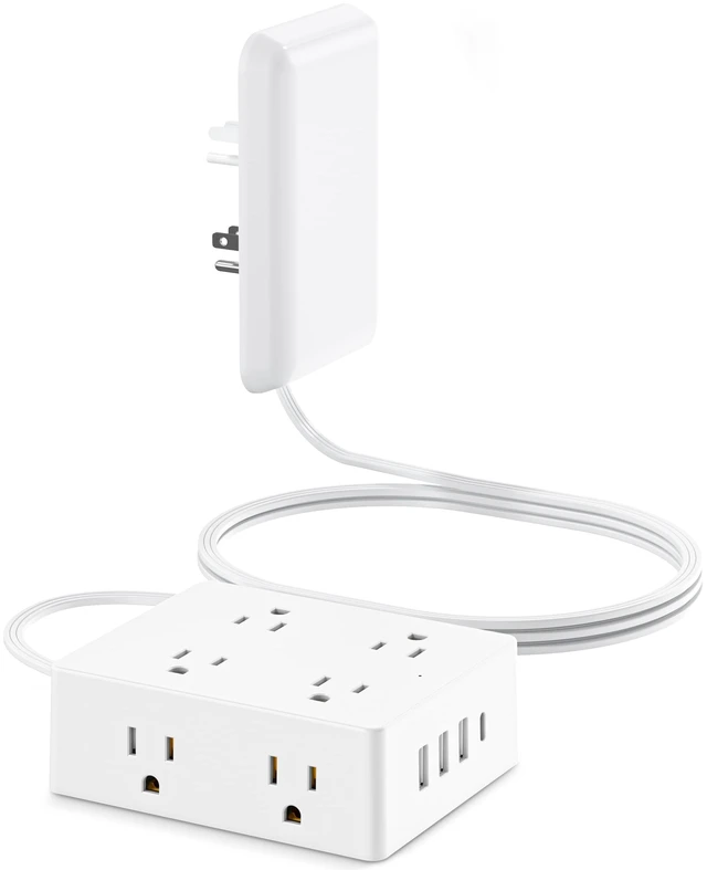 Main image of Flat Extension Cord with Outlet Cover, Flat Plug Power Strip with 8 Outlets and 4 USB Ports, 5 FT Cord Hidden Outlet Extender for Tight Spaces