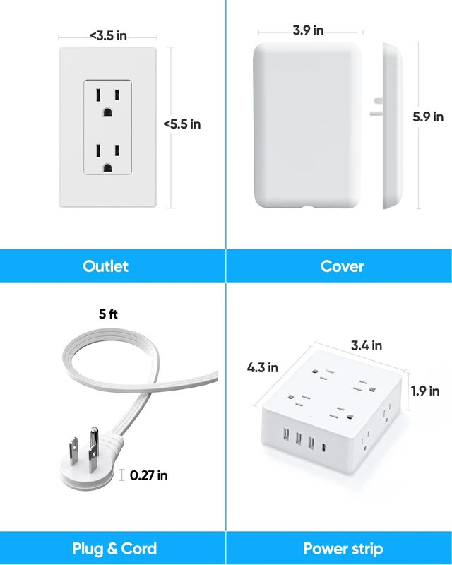 Alt view image 6 of 7 - Flat Extension Cord with Outlet Cover, Flat Plug Power Strip with 8 Outlets and 4 USB Ports, 5 FT Cord Hidden Outlet Extender for Tight Spaces
