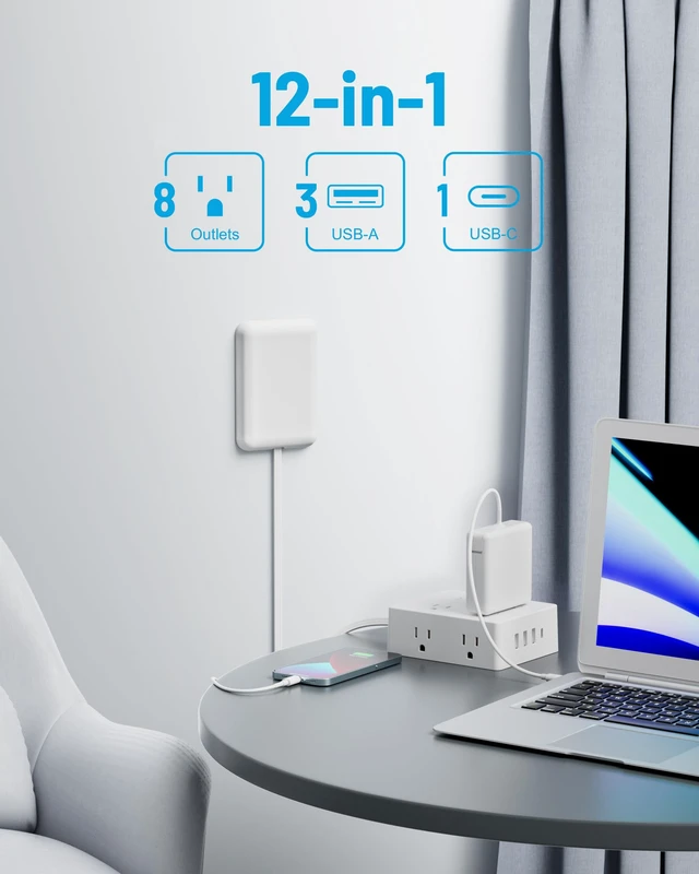 Alt view image 2 of 7 - Flat Extension Cord with Outlet Cover, Flat Plug Power Strip with 8 Outlets and 4 USB Ports, 5 FT Cord Hidden Outlet Extender for Tight Spaces