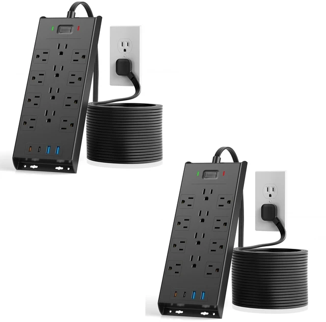 Main image of Surge Protector Power Strip 4800J, 10Ft Long Extension Cord Flat Plug, 12 Outlets 2 USB C 2 USB Ports, Wall Mountable, Desk Charging Station, Black, Pack of 2