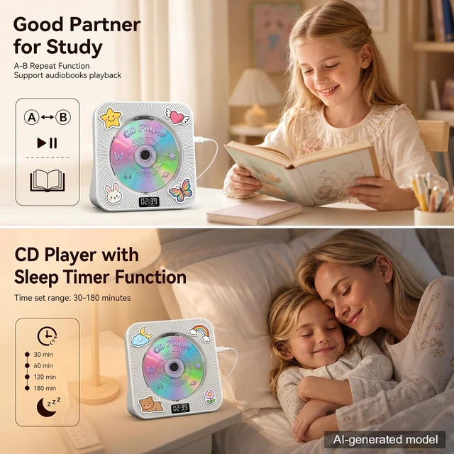 Alt view image 3 of 7 - CD Player Portable Bluetooth Desktop CD Players for Home Portable CD Player with Bluetooth with Timer Built-in HiFi Speakers with LCD Screen Display Boombox FM Radio USB Type-C