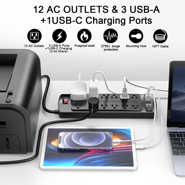 Alt view image 2 of 7 - 10 Ft Surge Protector Power Strip with 12 Outlets and 4 USB Ports 2700 Joules, 10 Feet Heavy Duty Extension Cord with Multiple Outlets for Home, Office, Dorm Room, ETL, Black