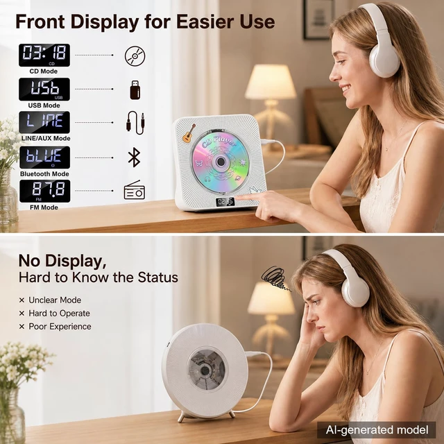 Alt view image 4 of 7 - CD Player Portable Bluetooth Desktop CD Players for Home Portable CD Player with Bluetooth with Timer Built-in HiFi Speakers with LCD Screen Display Boombox FM Radio USB Type-C