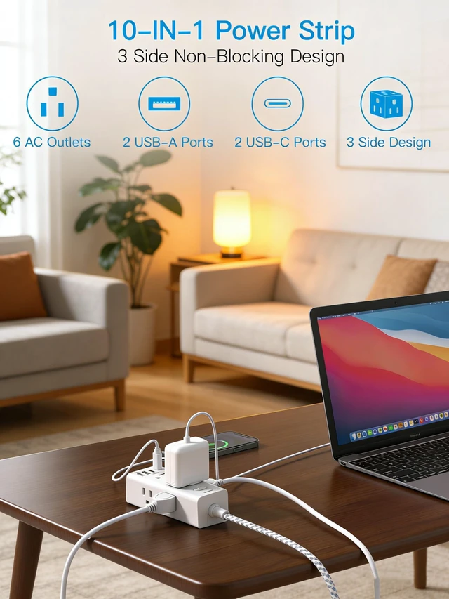 Alt view image 2 of 7 - Flat Plug Extension Cord 20Ft, Surge Protector Power Strip 20 Ft Long Cord 6 Widely Outlets 4 USB Ports (2 USB C), 900J Wall Outlet Extender Charging Station for College Dorm Room Office