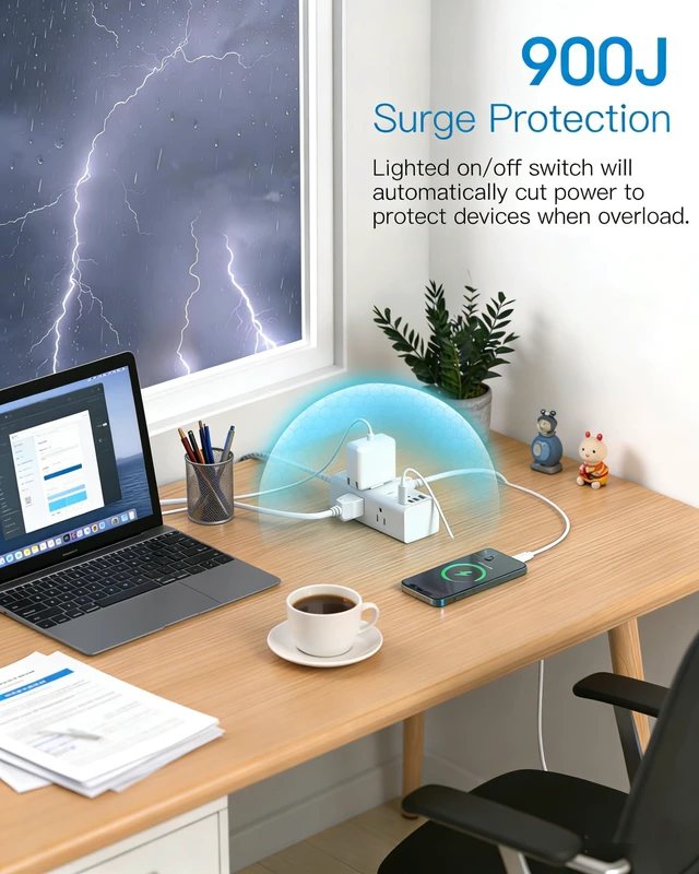 Alt view image 6 of 7 - Flat Plug Extension Cord 20Ft, Surge Protector Power Strip 20 Ft Long Cord 6 Widely Outlets 4 USB Ports (2 USB C), 900J Wall Outlet Extender Charging Station for College Dorm Room Office