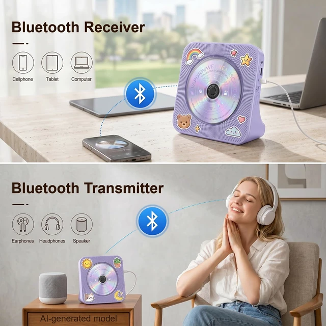 Alt view image 2 of 7 - CD Player Portable Bluetooth Desktop CD Players for Home Portable CD Player with Bluetooth with Timer Built-in HiFi Speakers with LCD Screen Display Boombox FM Radio USB Type-C